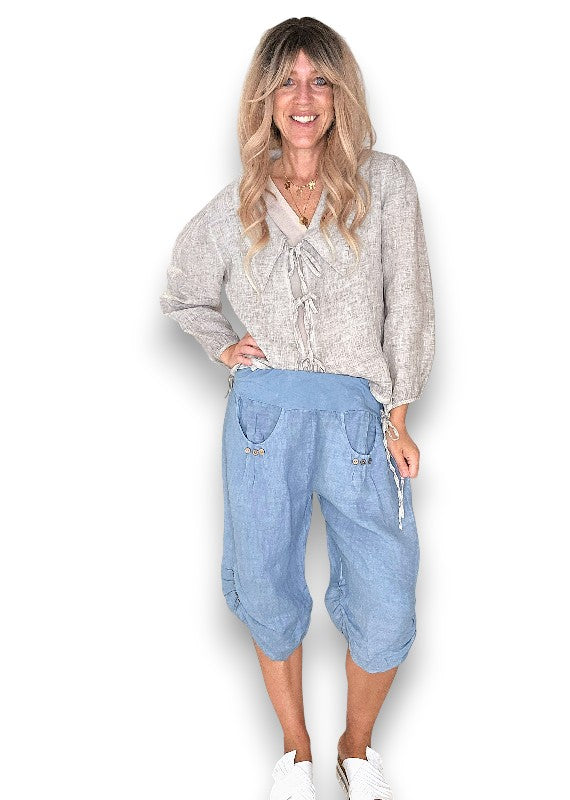 Petrol Plain Capri Linen Pant