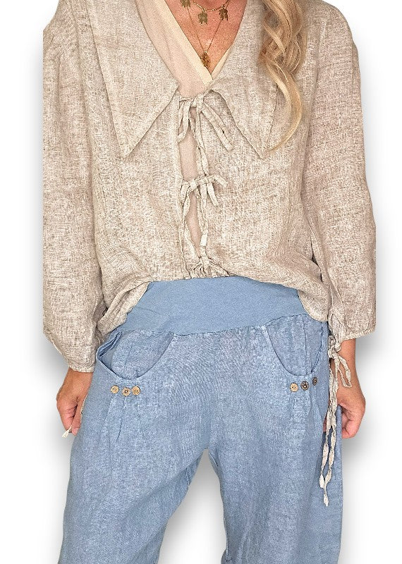 Petrol Plain Capri Linen Pant