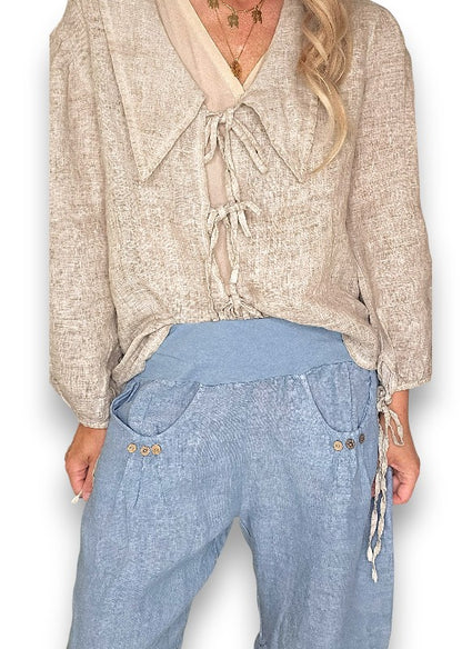 Petrol Plain Capri Linen Pant
