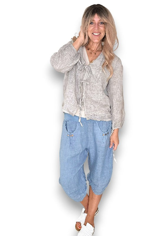 Petrol Plain Capri Linen Pant