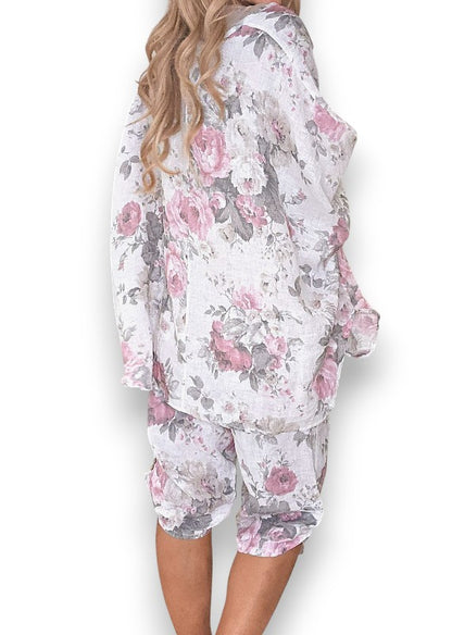 White Scarlett Rose Capri Linen Pant