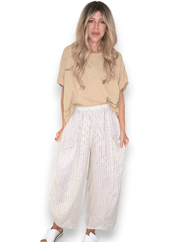 Vanilla Pinstripe Barrel Linen Pants