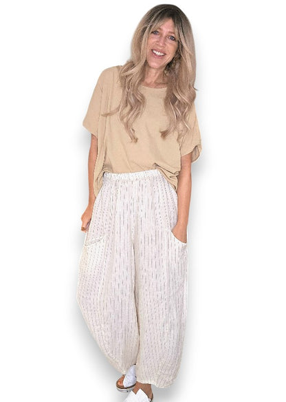 Vanilla Pinstripe Barrel Linen Pants