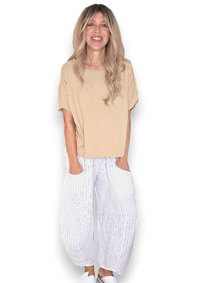 White Pinstripe Barrel Linen Pants