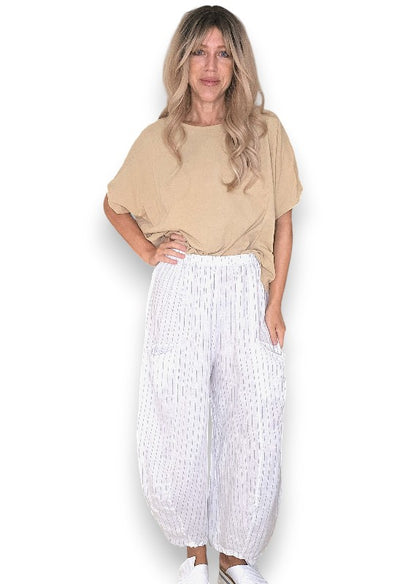 White Pinstripe Barrel Linen Pants