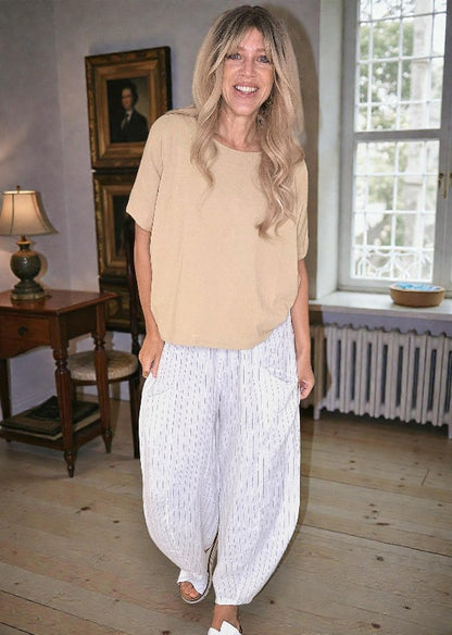 White Pinstripe Barrel Linen Pants