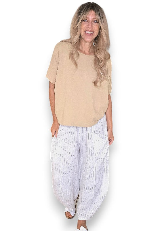 White Pinstripe Barrel Linen Pants