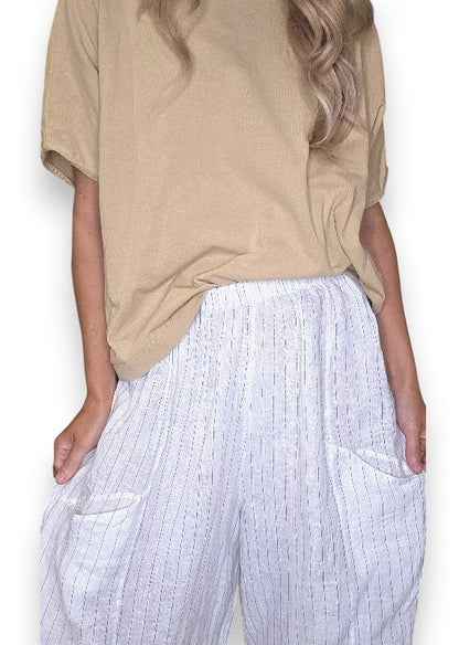 White Pinstripe Barrel Linen Pants