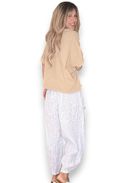 White Pinstripe Barrel Linen Pants