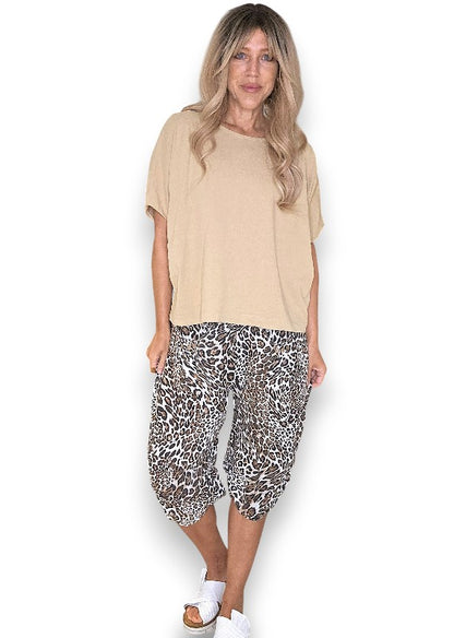 Beige Leopard Capri Linen Pant