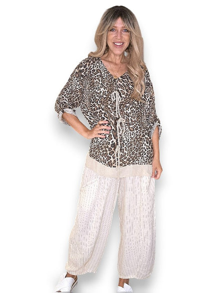 Beige Leopard Trois Button Top