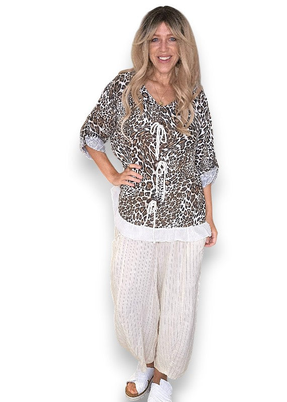 White Leopard Trois Button Top