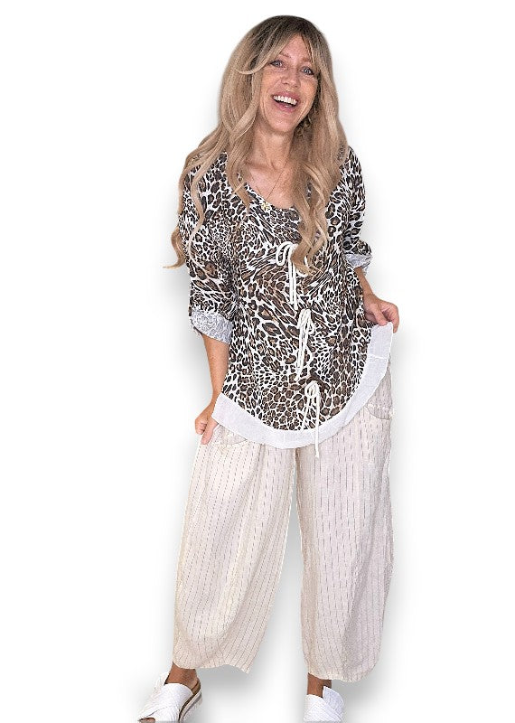 White Leopard Trois Button Top
