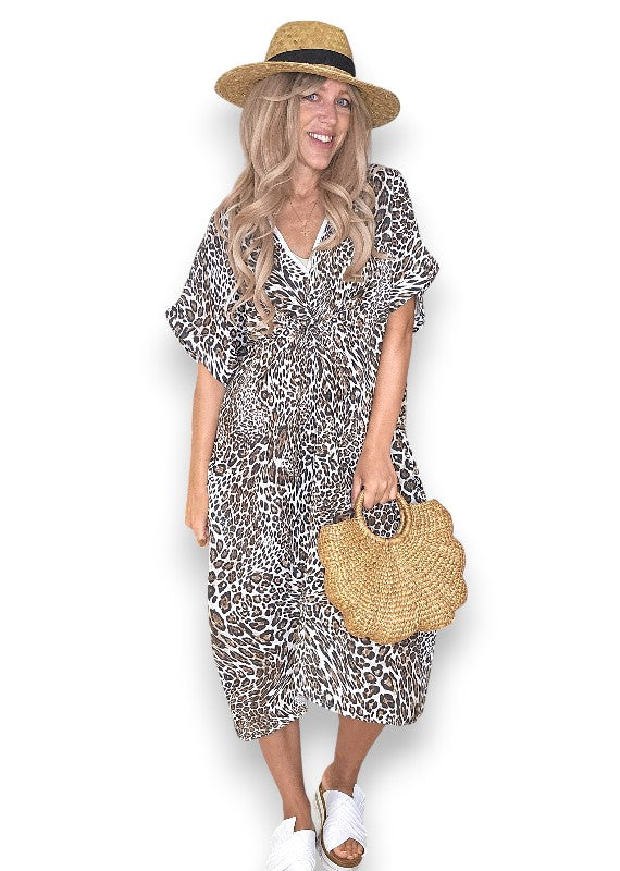White Leopard Front Knot V-Neck Dress