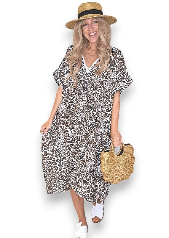 White Leopard Front Knot V-Neck Dress