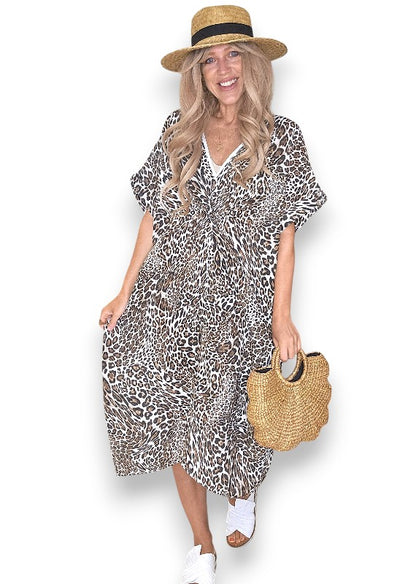 White Leopard Front Knot V-Neck Dress