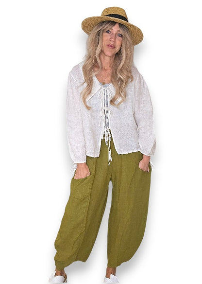 Olive Barrel Linen Pants