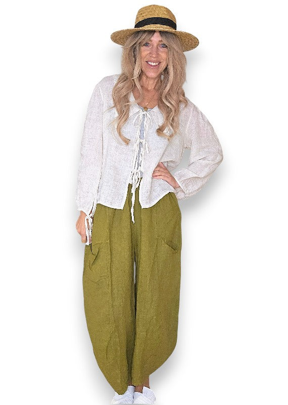 Olive Barrel Linen Pants
