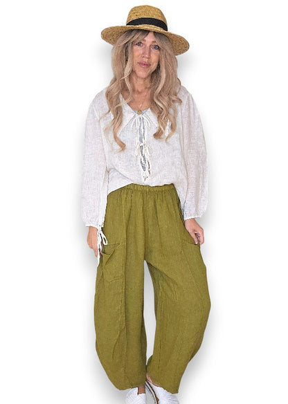 Olive Barrel Linen Pants