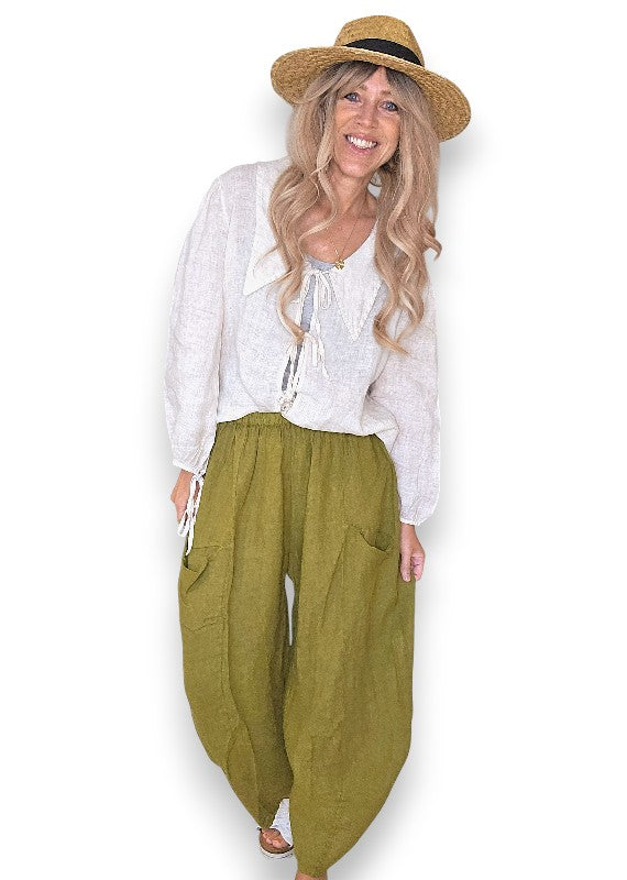 Olive Barrel Linen Pants