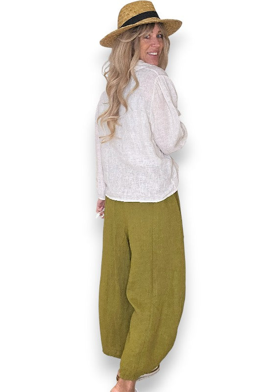 Olive Barrel Linen Pants