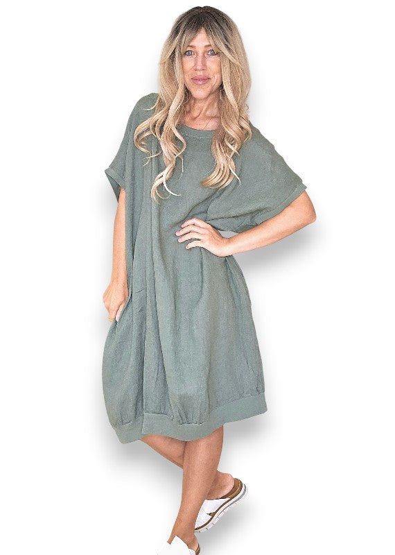 Sage Plain Elastic Hem Dress