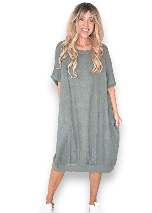 Sage Plain Elastic Hem Dress