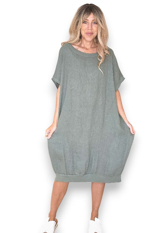 Sage Plain Elastic Hem Dress
