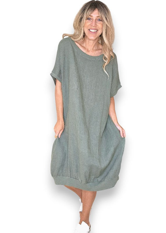 Sage Plain Elastic Hem Dress