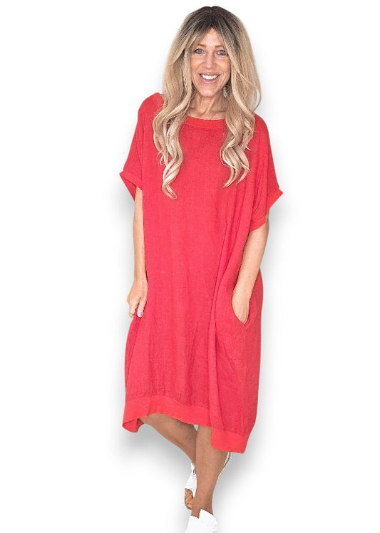 Red Plain Elastic Hem Dress