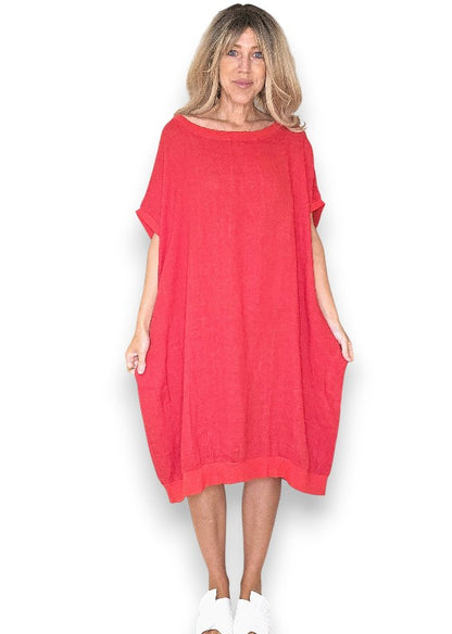 Red Plain Elastic Hem Dress