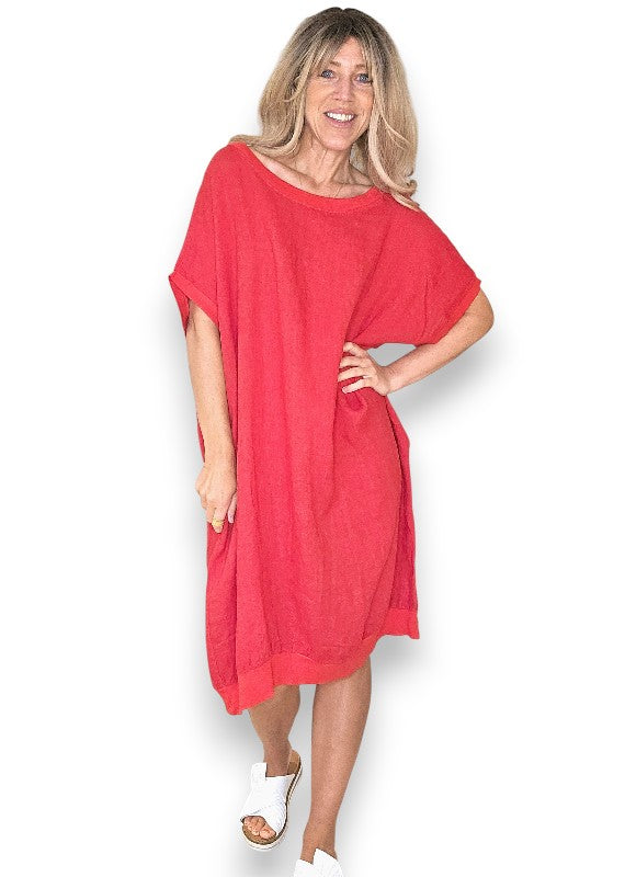 Red Plain Elastic Hem Dress
