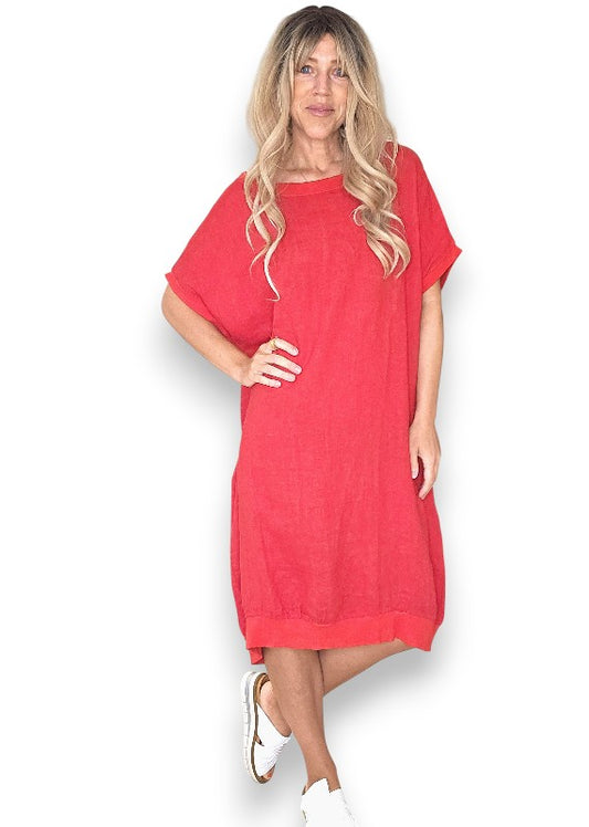 Red Plain Elastic Hem Dress