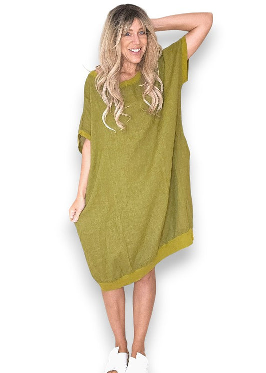 Olive Plain Elastic Hem Dress