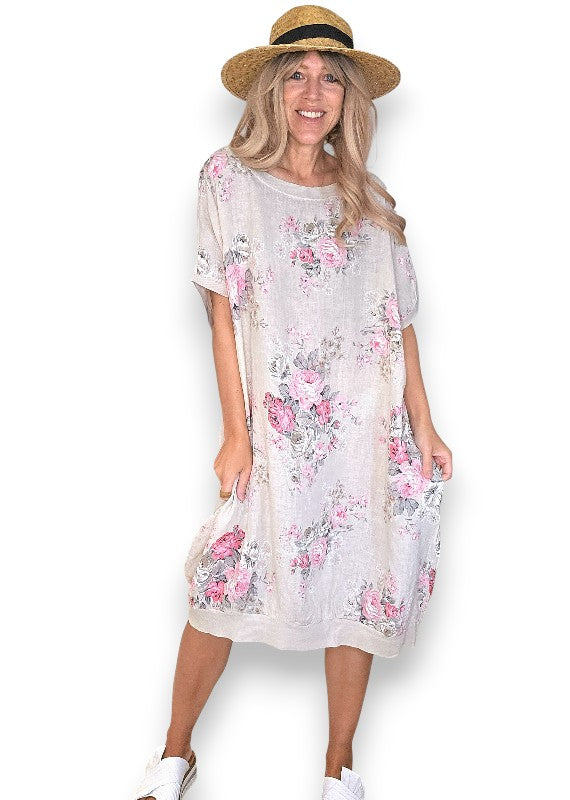 Beige High Tea Elastic Hem Dress