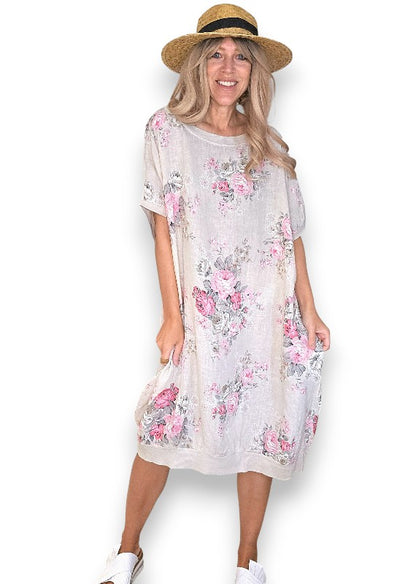 Beige High Tea Elastic Hem Dress