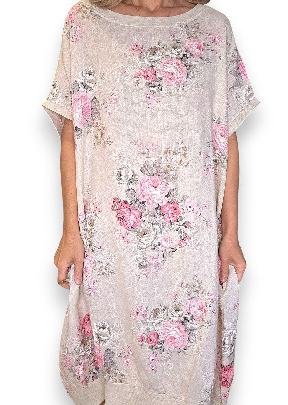 Beige High Tea Elastic Hem Dress