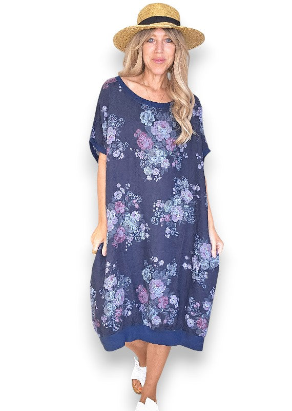 Navy High Tea Elastic Hem Dress