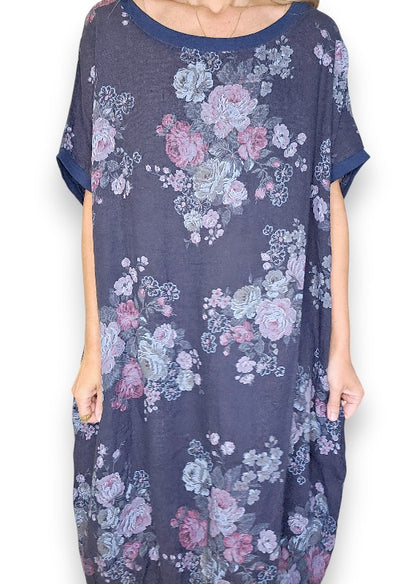 Navy High Tea Elastic Hem Dress