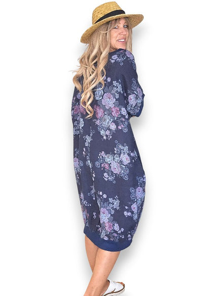 Navy High Tea Elastic Hem Dress