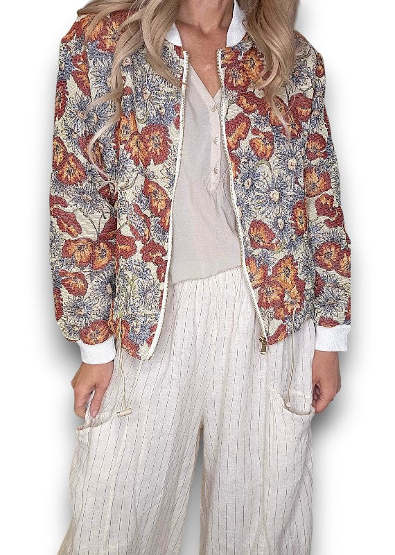 Embossed Glitter Sunset Bloom Bomber Jacket