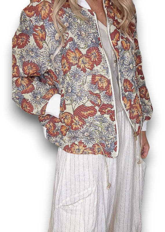 Embossed Glitter Sunset Bloom Bomber Jacket