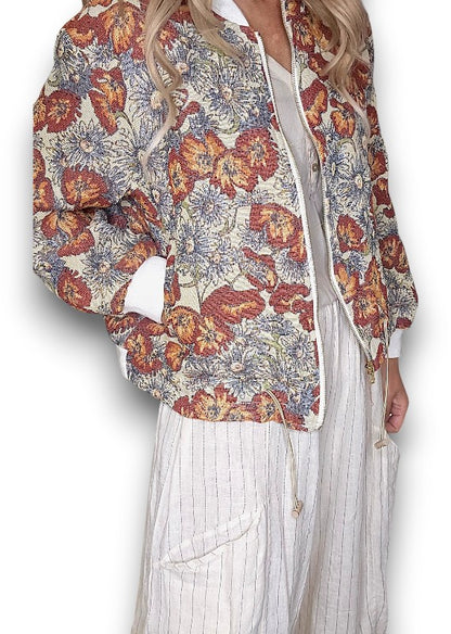 Embossed Glitter Sunset Bloom Bomber Jacket