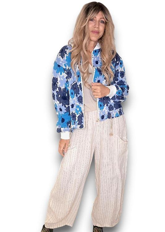 Embossed Retro Blue Bomber Jacket