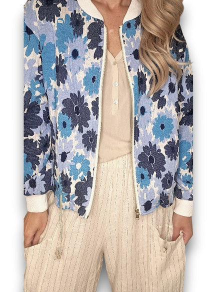 Embossed Retro Blue Bomber Jacket