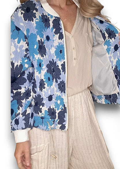 Embossed Retro Blue Bomber Jacket