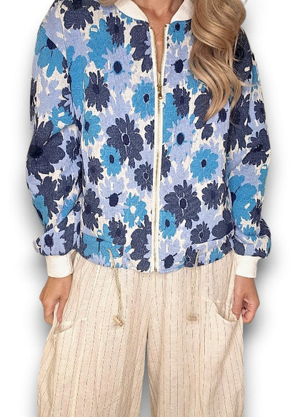 Embossed Retro Blue Bomber Jacket