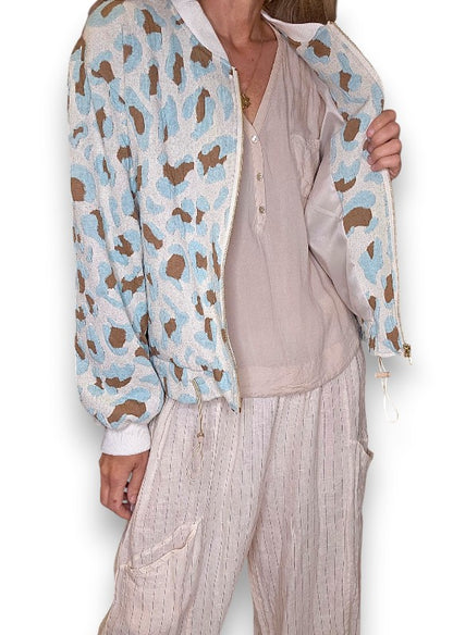 Embossed Mint Leopard Bomber Jacket