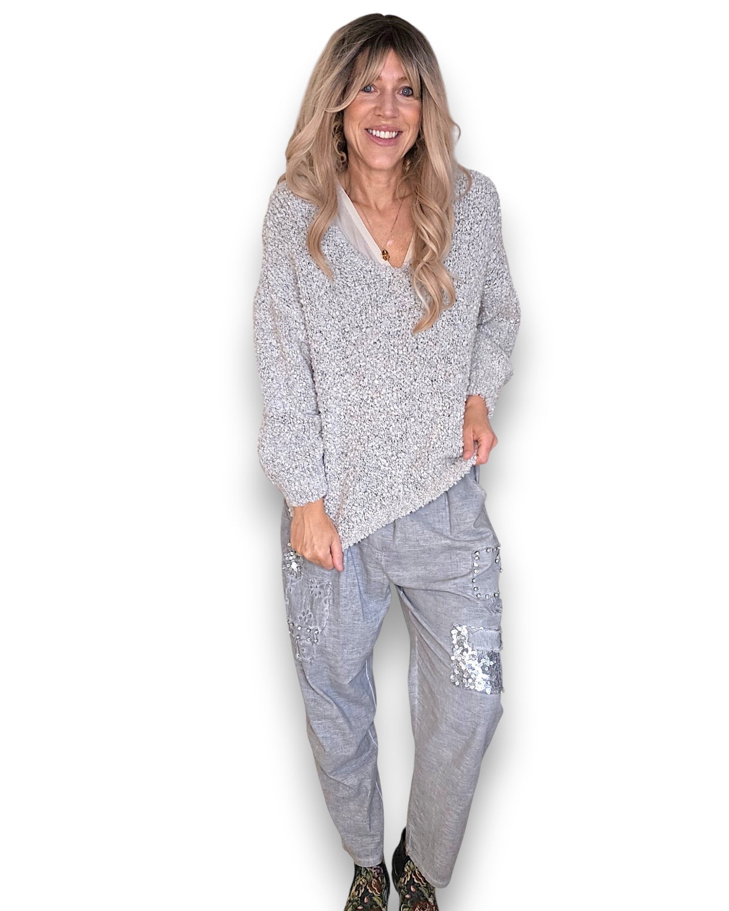 Marle Grey V-Neck Chenille Sweater