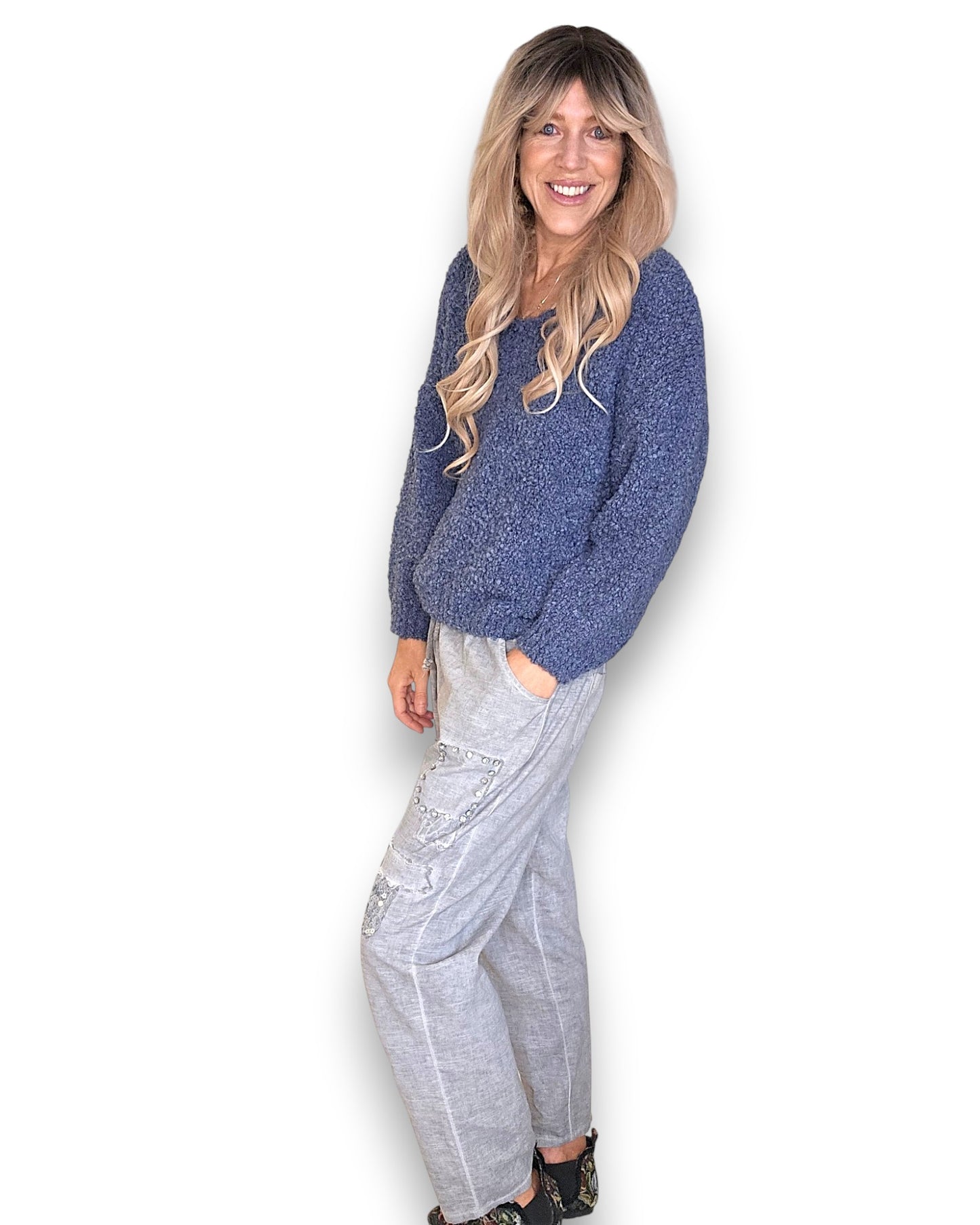 Corn Blue V-Neck Chenille Sweater